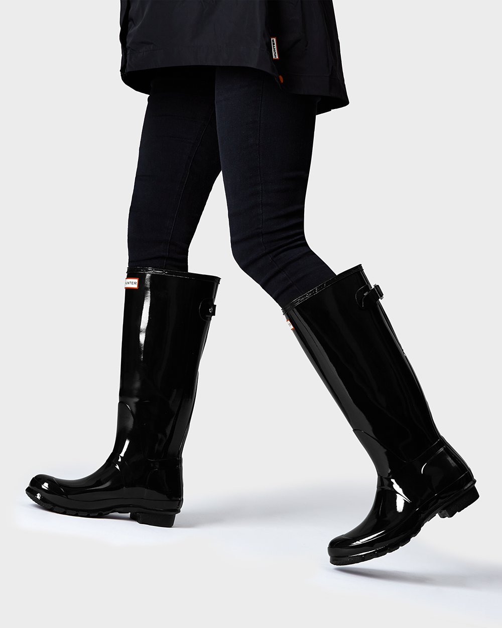 Women Hunter Original Back Adjustable Gloss | Tall Rain Boots Black | NZ-71902-TOSN